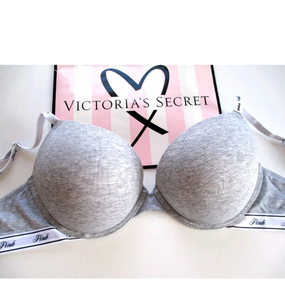 VICTORIA'S SECRET PINK Super Push-Up Bra VS Heather Gray Cotton Logo - All Sizes